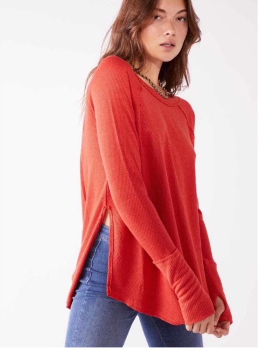 We The Free Off-the-Shoulder Snowy Thermal Tee Heat Wave Orange  Sz Sm